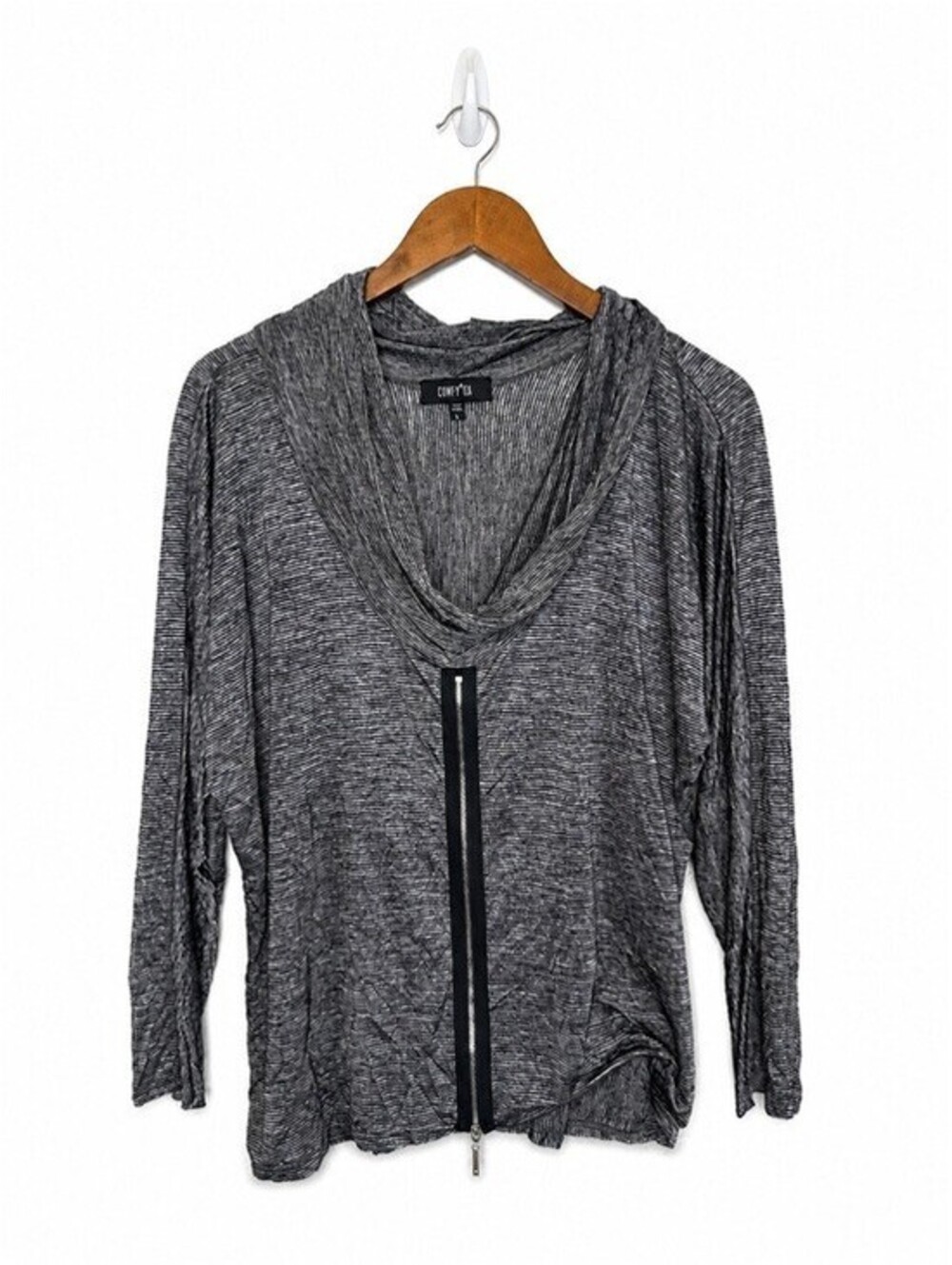 Comfy USA Cowl Neck Asymmetrical Zip Jacket Top  Black Gray Stripe Large